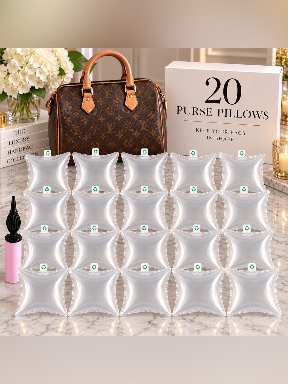 20 Inflatable Purse Shaper Pillows + Air Pump | Handbag Stuffers Storage Inserts